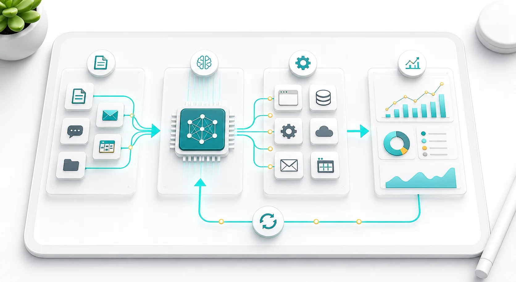 AI automation workflow showing data input AI processing automated execution and feedback loop