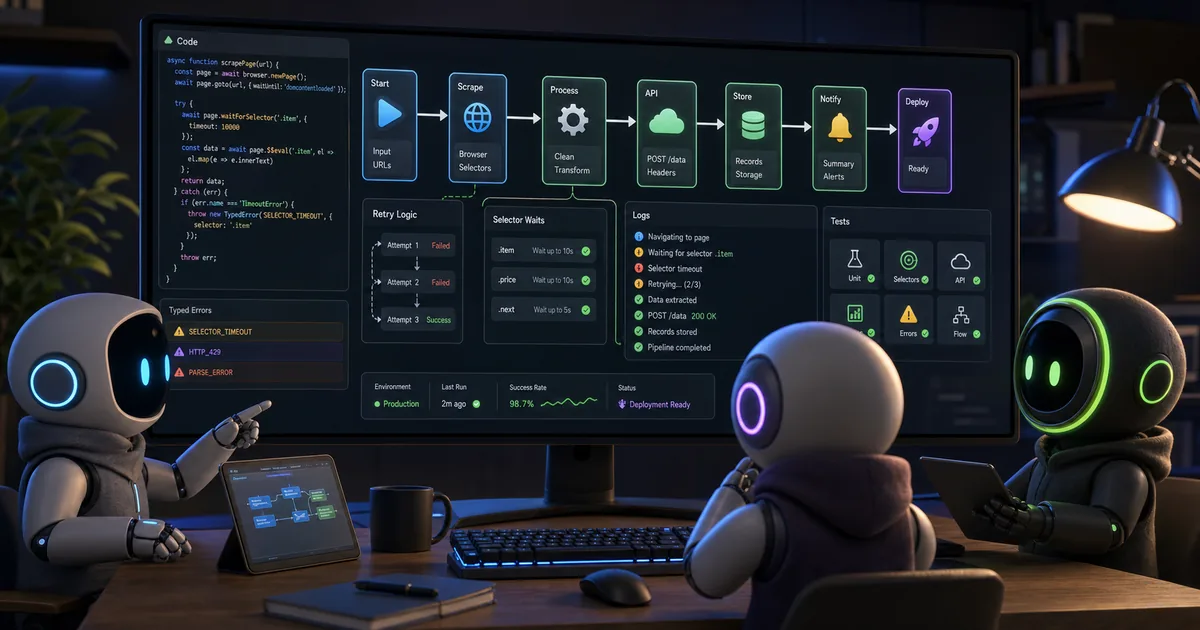 AI assisted coding automation and web scraping workflow with code panels retry logic API steps logs and tests