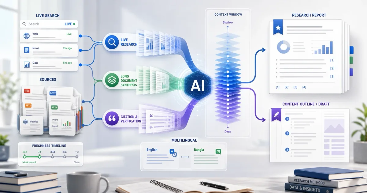 AI research and content workflow showing live search long document synthesis citation verification and multilingual Bangla English drafting