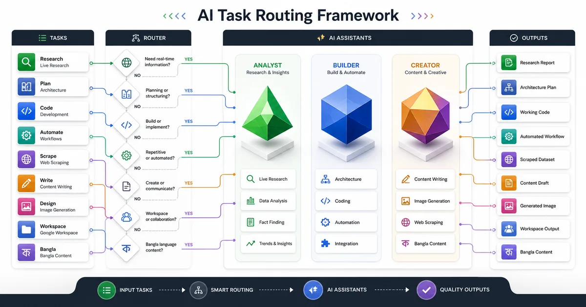 AI task routing framework showing research coding automation content writing and workspace tasks mapped to the best AI assistant