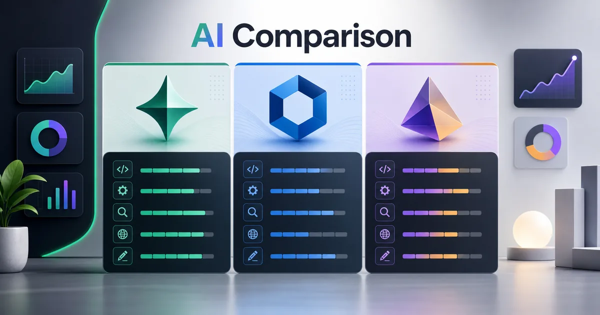 Side-by-side comparison of Gemini, ChatGPT, and Claude AI platforms with performance ratings across coding, automation, web scraping, and content writing use cases