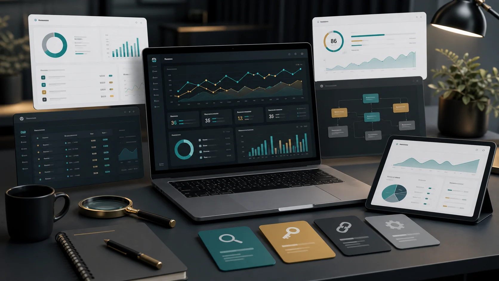 Professional SEO tools workspace with analytics dashboards and keyword research panels