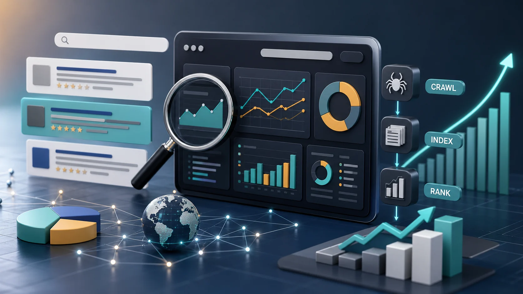 Professional SEO analytics dashboard showing crawl, index, and rank workflow
