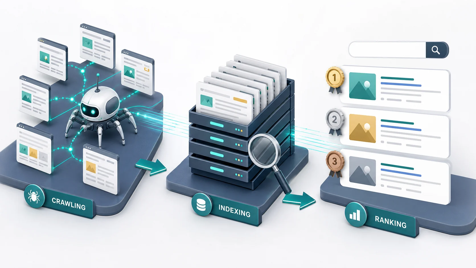Search engine crawling indexing and ranking workflow illustration