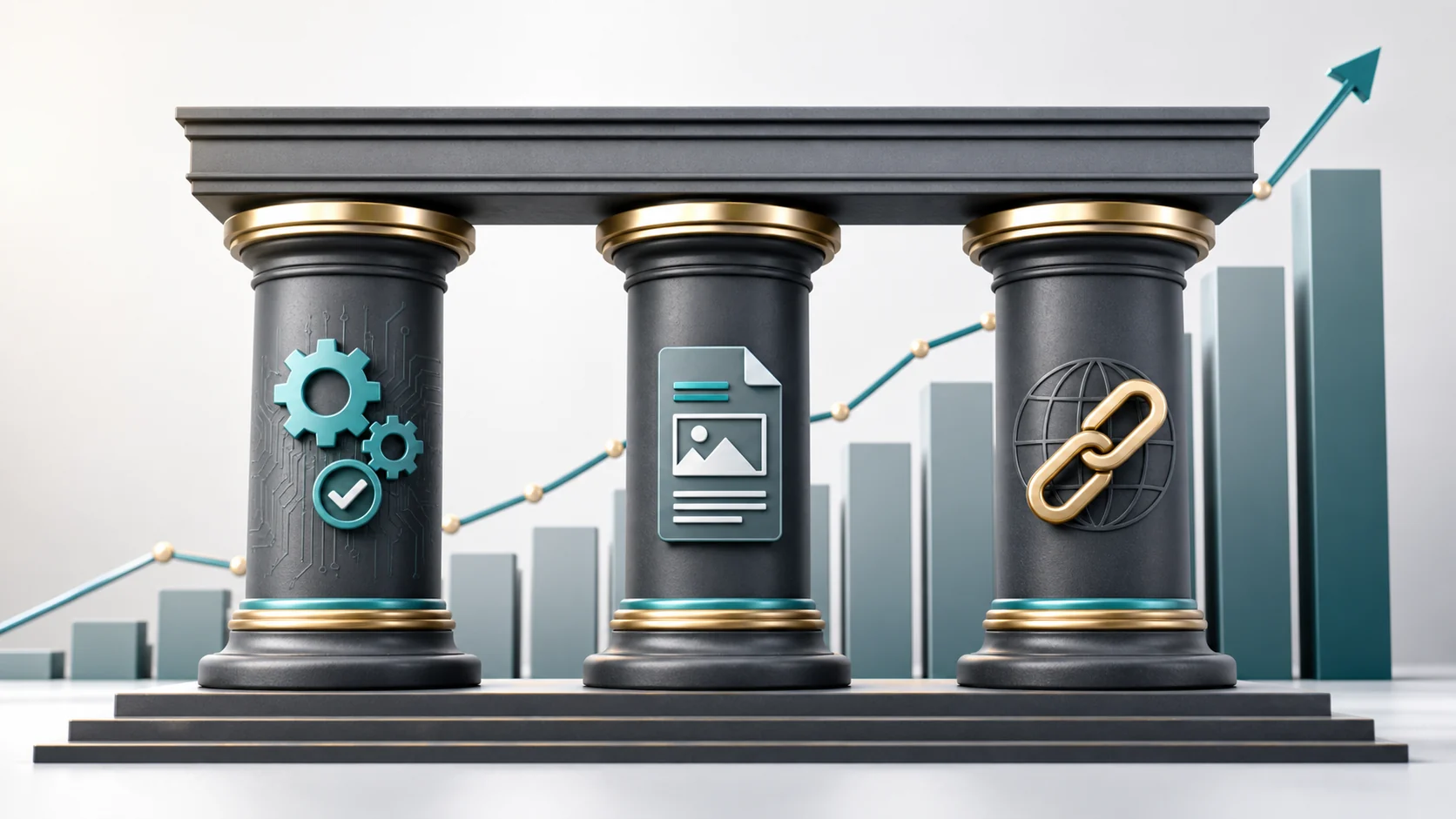 Three pillars of SEO showing technical SEO content quality and authority